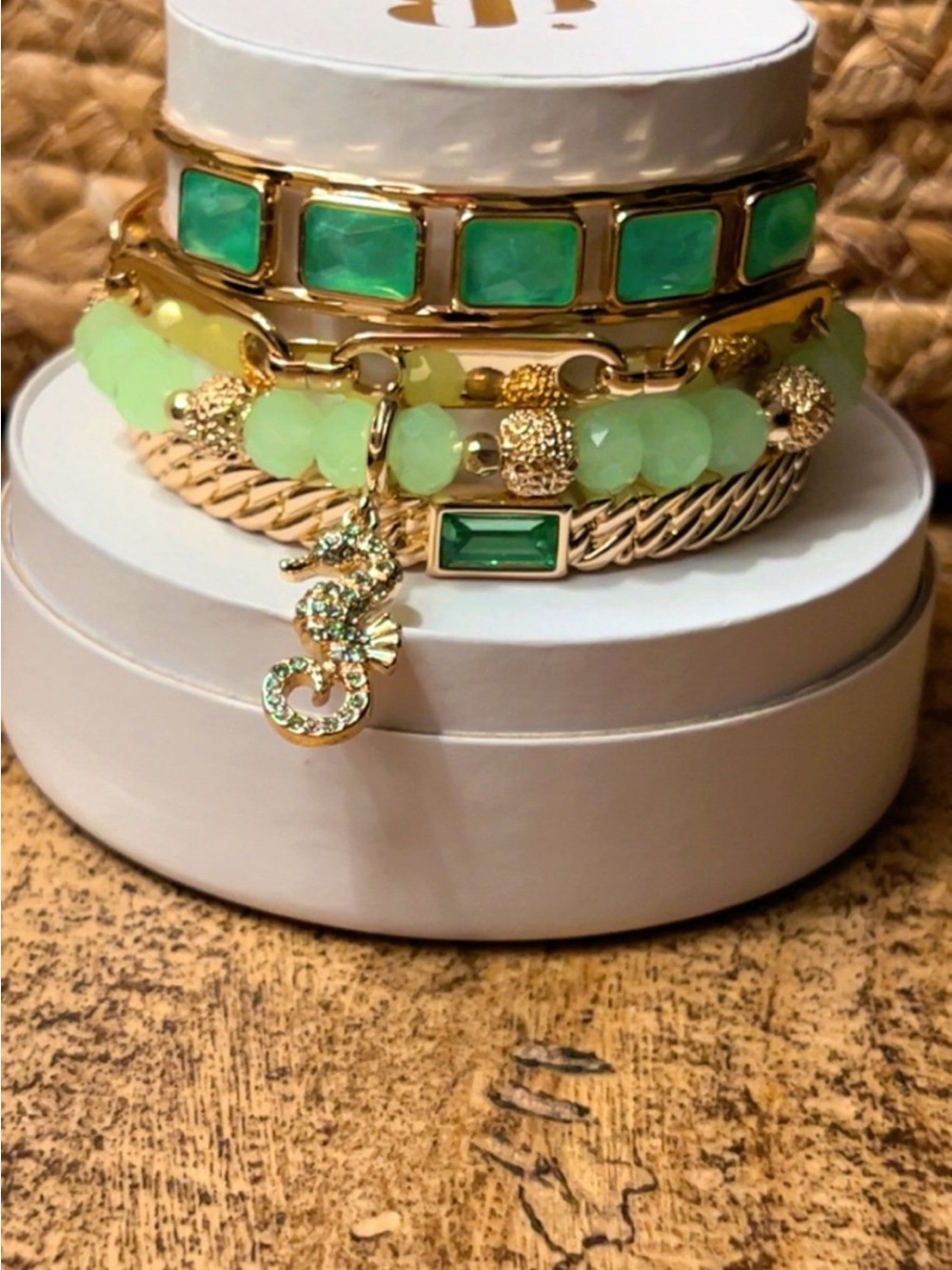 Gold-Plated Green Beaded Stack Bracelet Set with Seahorse Charm